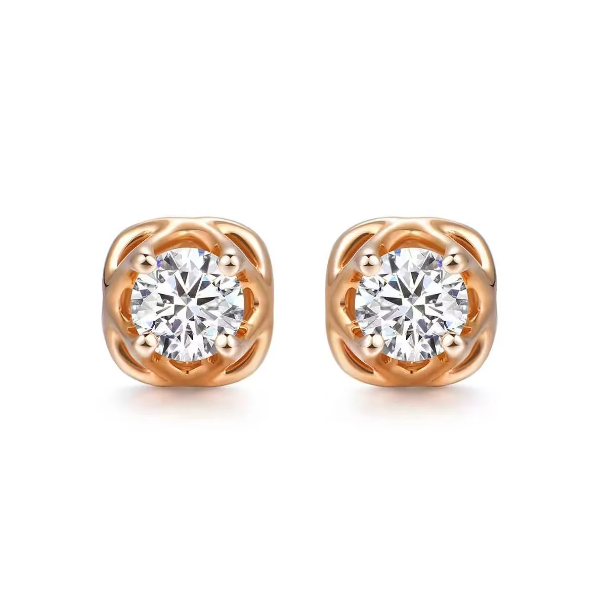 18K玫瑰金 单颗粒 镂空造型钻石耳钉一对 两颗粒37分起 简约大方 商品编号：F08132E