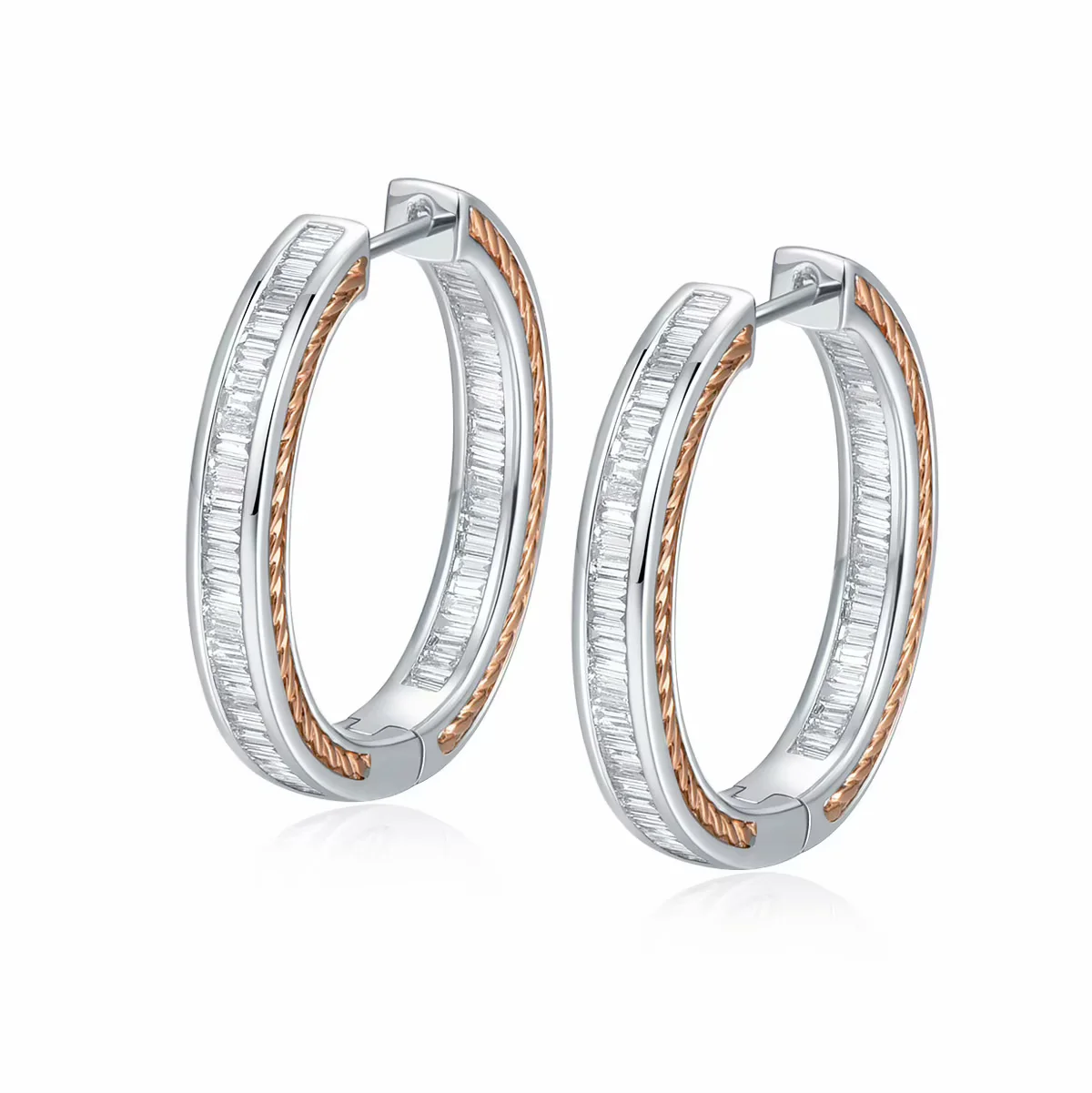 18K红白金梯方钻拼镶圈式豪华款钻石耳钉一对高雅气质商品编号： P11766E