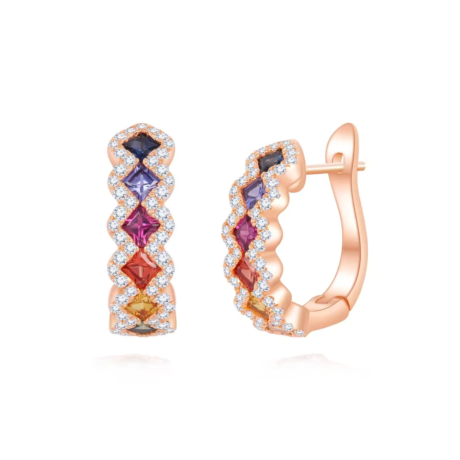 彩虹系列18K玫瑰金彩蓝宝拼镶圈式钻石耳环 商品编号：P11957E