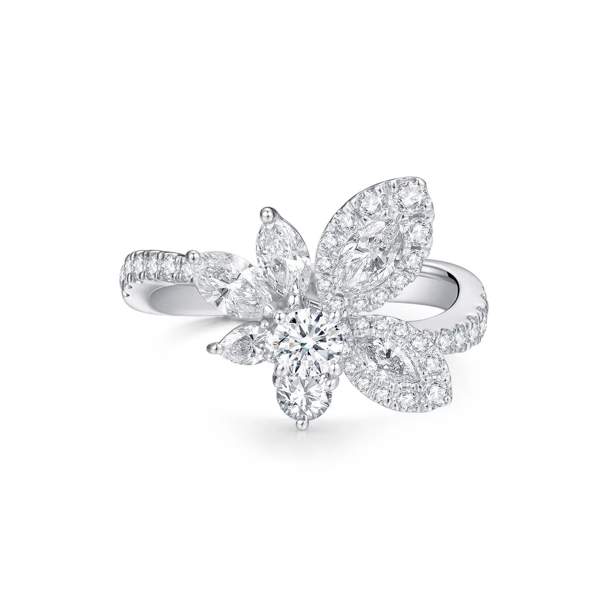 18K白金榄尖形/梨形拼镶钻石戒指豪华蝴蝶款 商品编号：S12059R
