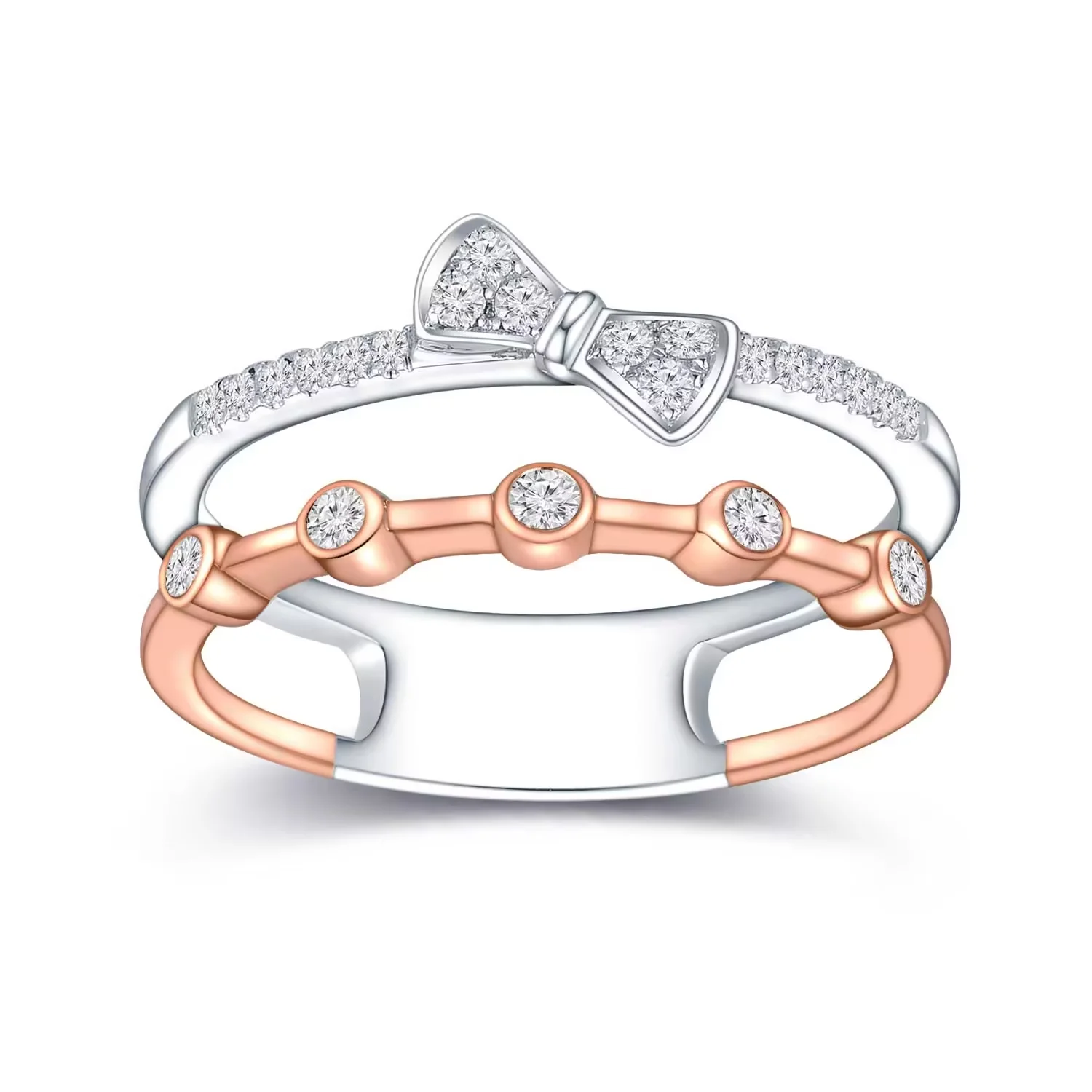 18K红白金蝴蝶结款钻石戒指双排戒 商品编号：J14280R