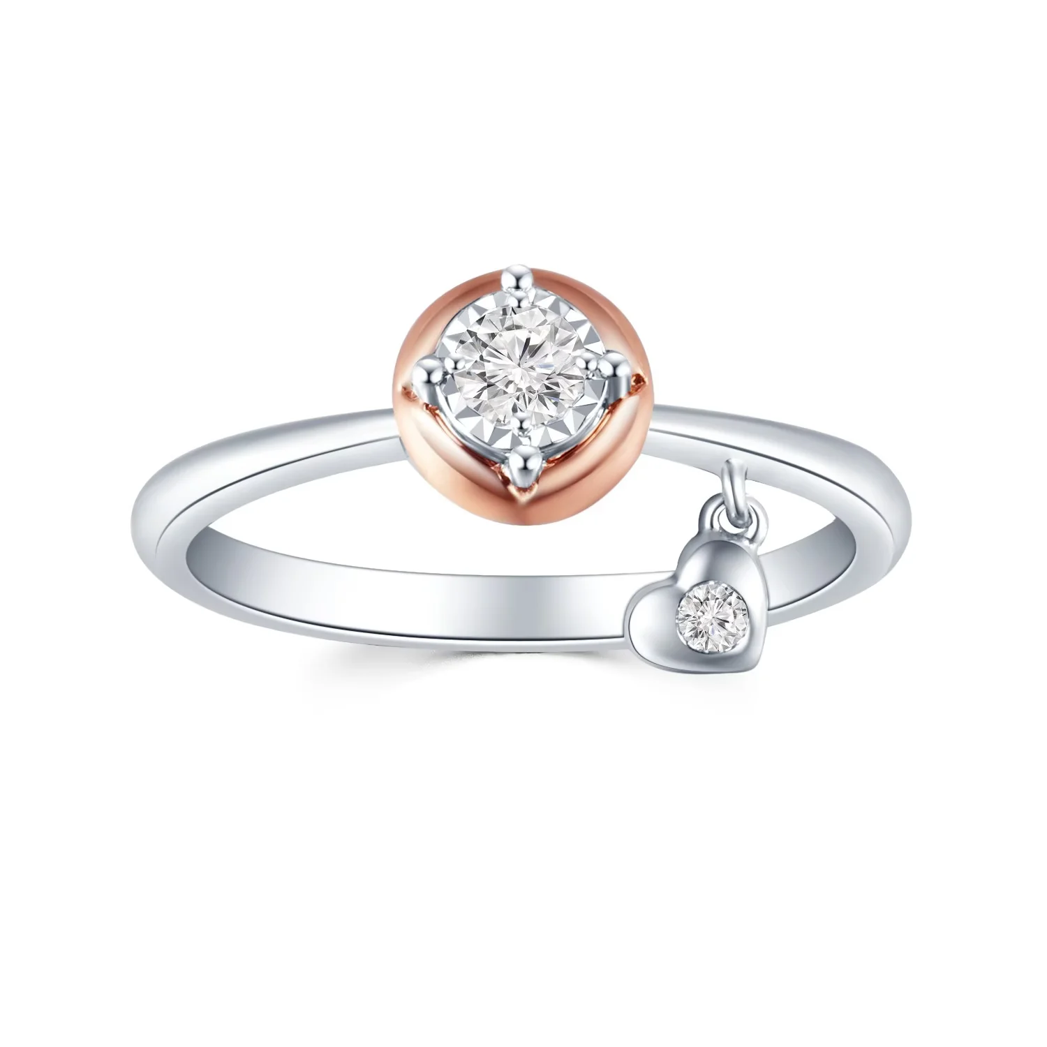 心相印系列 18K红白金单颗粒爱心款钻石戒指手寸13号 商品编号：S11883R