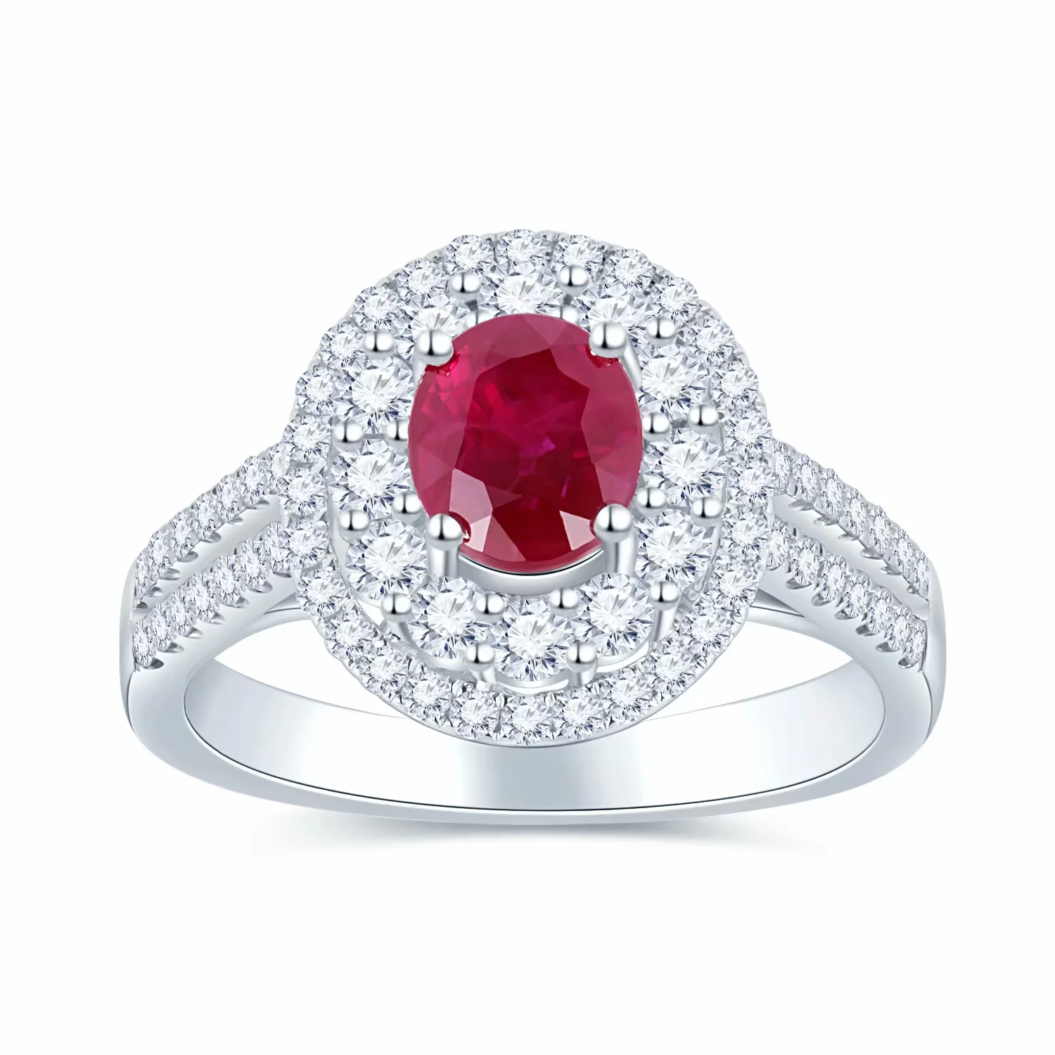 18K白金 单颗粒克拉红宝石豪华群镶款钻石戒指手寸14号 商品编号：L04332R