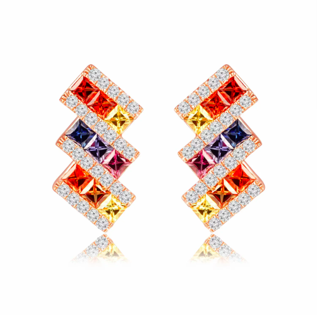 彩虹系列18K玫瑰金方形彩蓝宝拼镶钻石耳钉优雅个性 商品编号：HO7052E