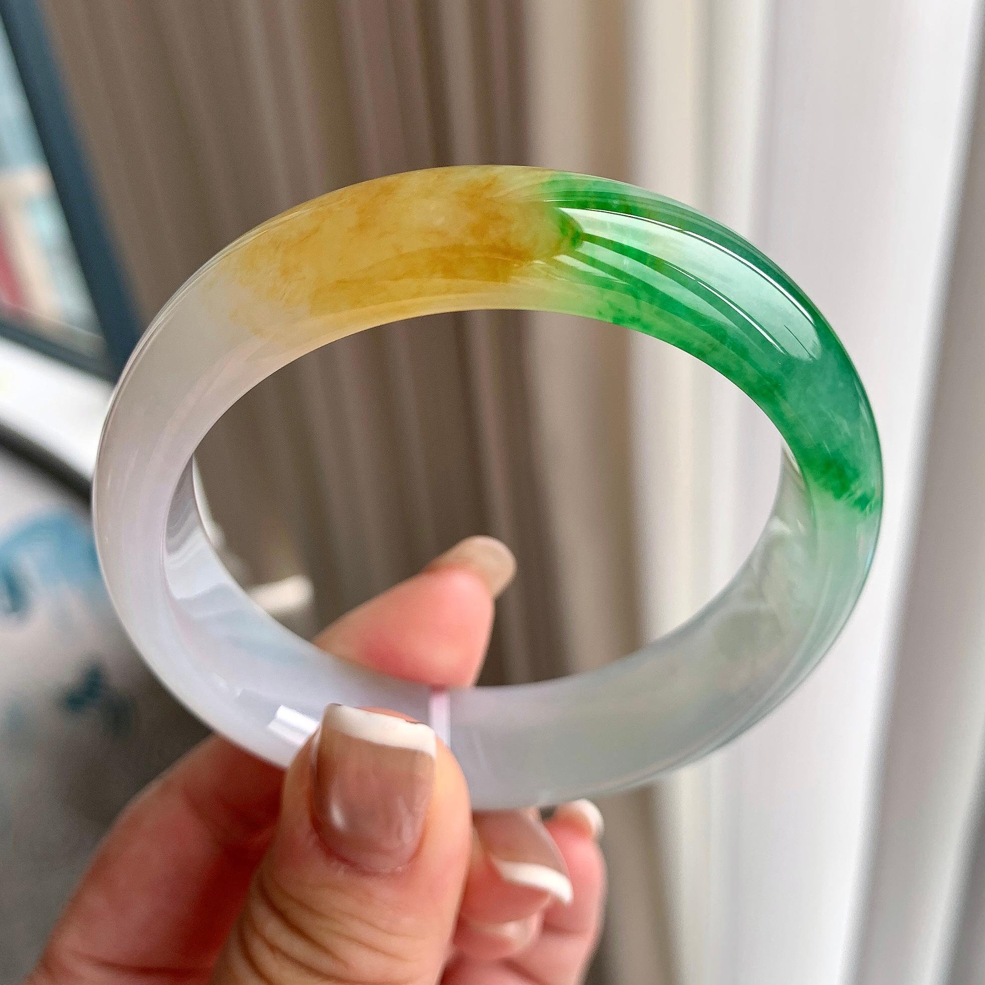 糯冰种黄加绿宽版轮胎手镯 58圈口 天然缅甸A货翡翠 平安镯 商品编号：yc389251