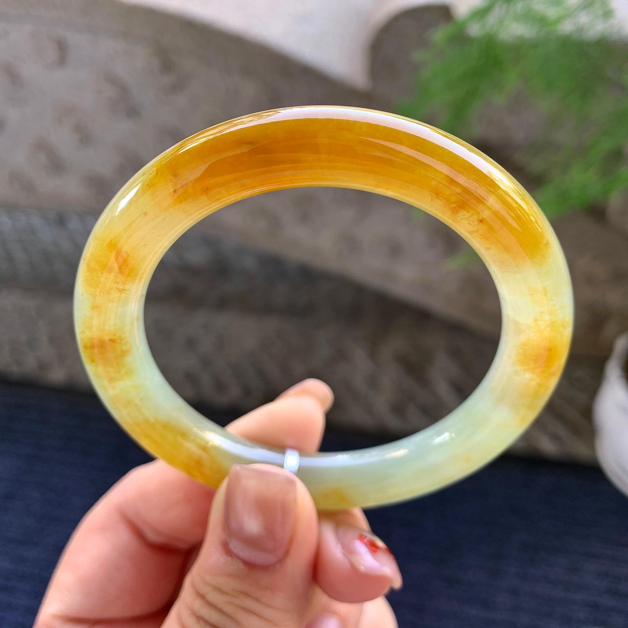 糯冰种黄翡圆条手镯 54圈口 天然缅甸A货翡翠 商品编号：yc352087