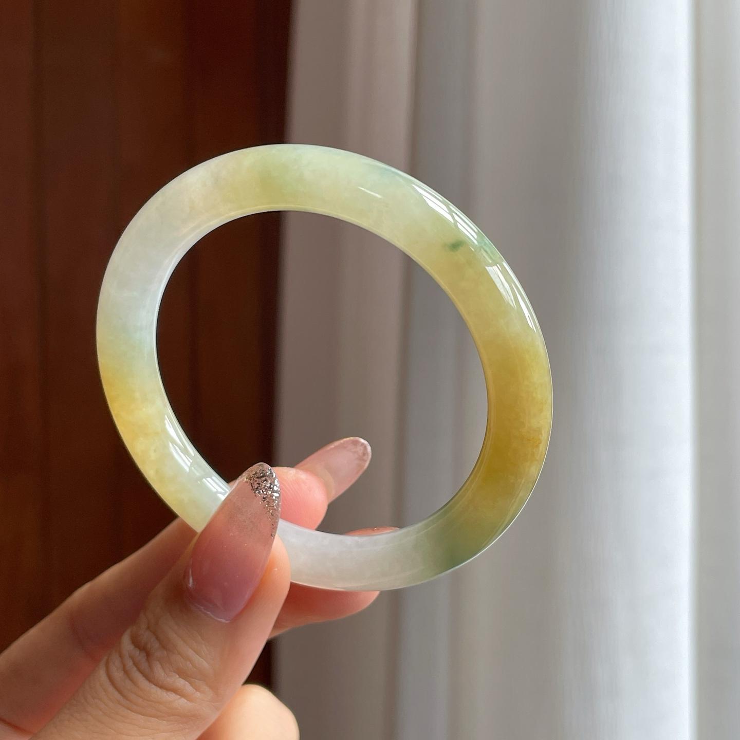 糯冰黄翡飘花翡翠圆条手镯（52.5mm）商品编号：yc361781