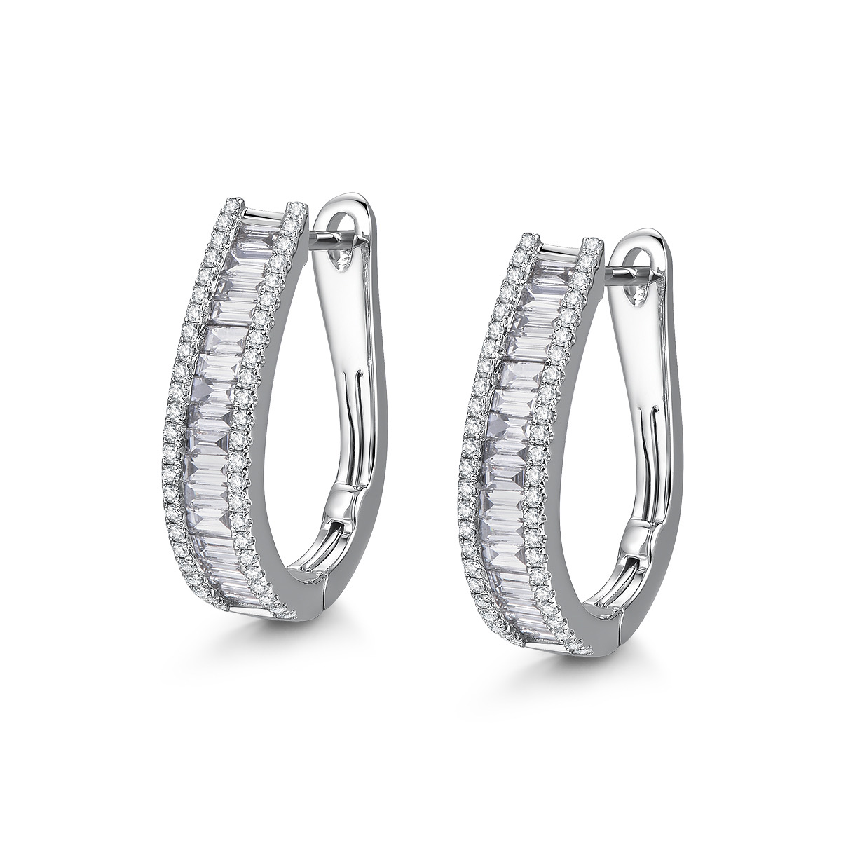 18K白金豪华款长方形拼镶圈式钻石耳环一对 商品编号：H07147E