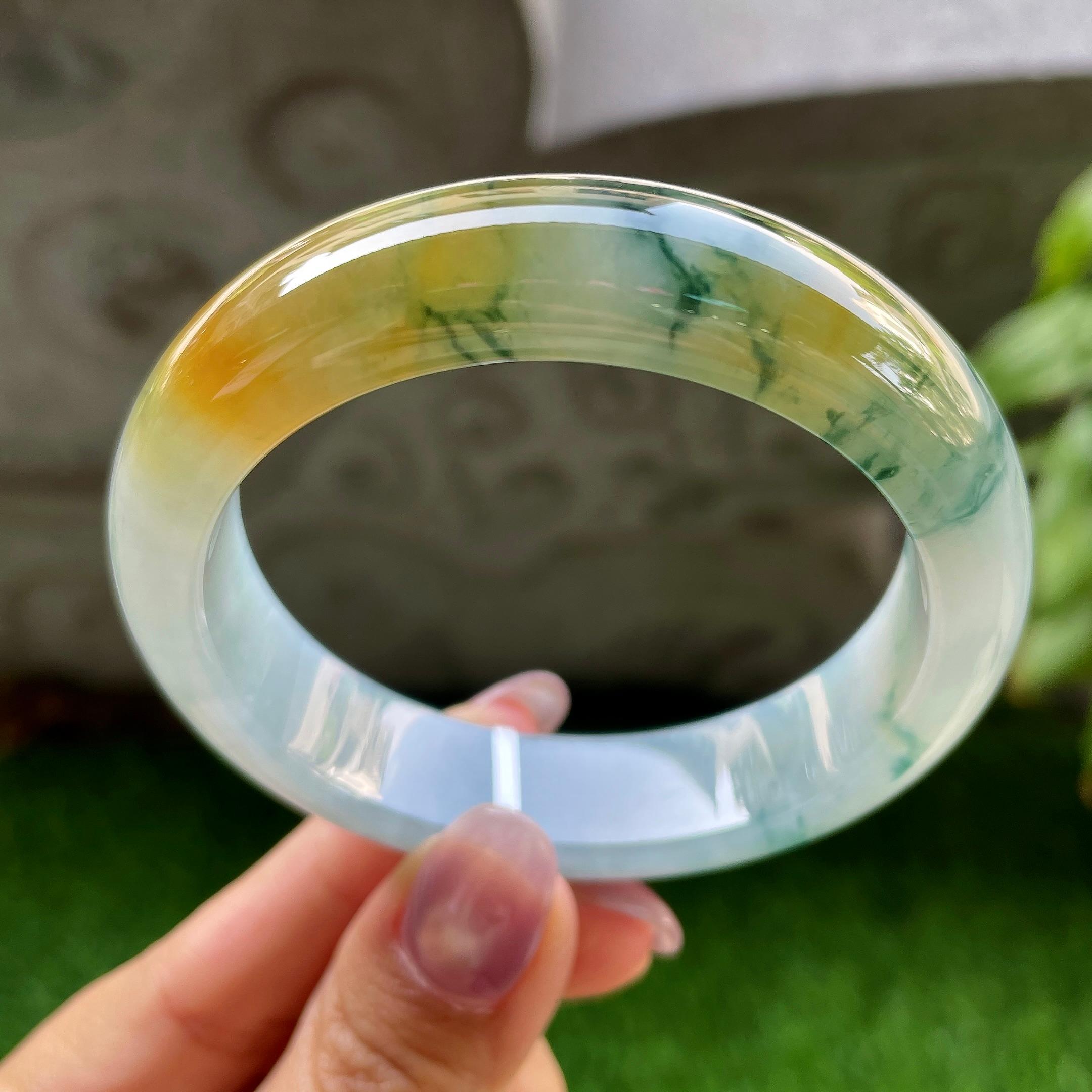 细糯种黄加绿飘蓝花正圈平安镯55圈口 天然缅甸A货翡翠 商品货号：yc321398