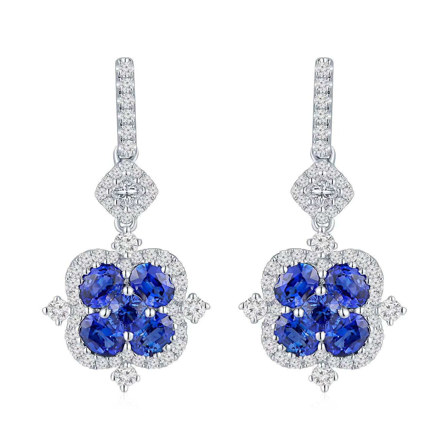 18K白金鹅蛋型蓝宝石/公主方拼镶钻石耳坠 优雅气质 商品编号：S10925E