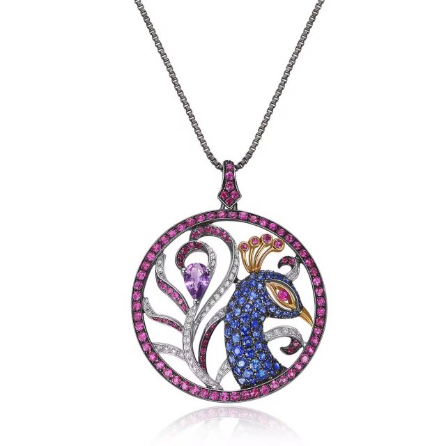 孔雀18K金钻石/蓝宝石/半宝石吊坠 商品编号：S07402P