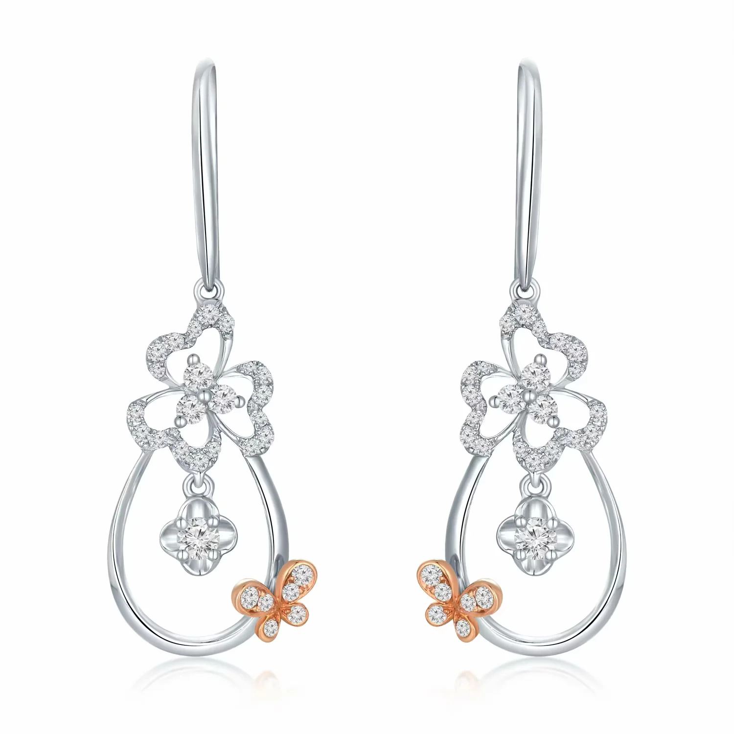 18K红白金花之蝶恋系列垂坠款钻石耳钉一对 商品编号：S08458E